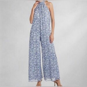 Express Jumpsuit Women's XS  Floral Wide Leg Mock Neck Blue Boho Lined 1678